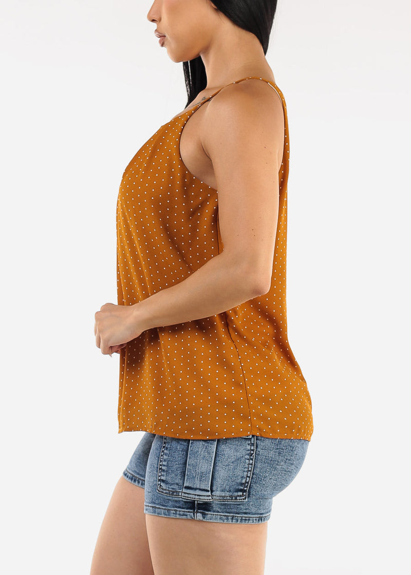 Sleeveless Polka Dot Pleated Blouse Mustard