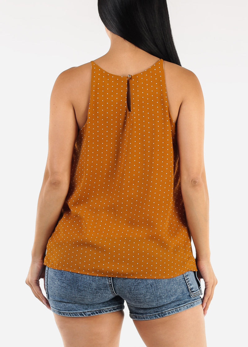 Sleeveless Polka Dot Pleated Blouse Mustard