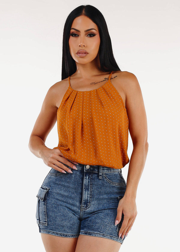 Sleeveless Polka Dot Pleated Blouse Mustard