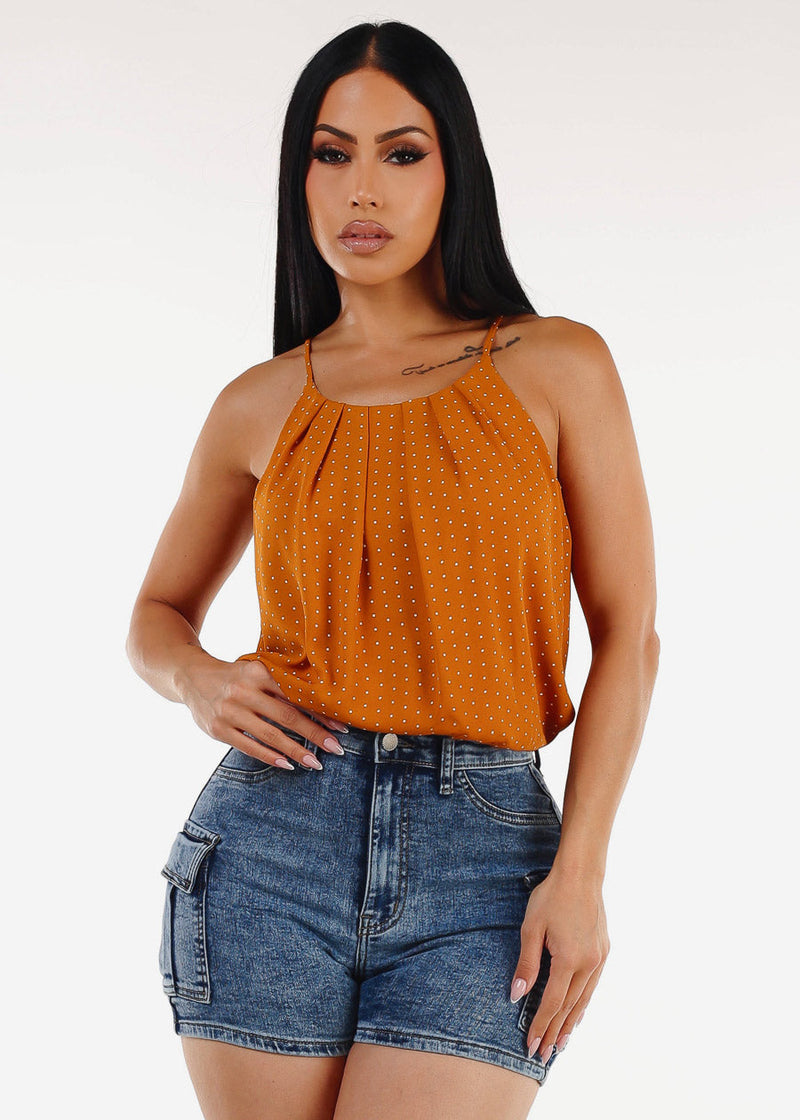 Sleeveless Polka Dot Pleated Blouse Mustard