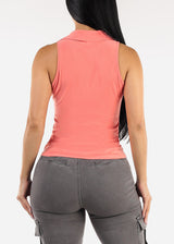 Stretchy Ruched Sleeveless Collared Blouse Salmon