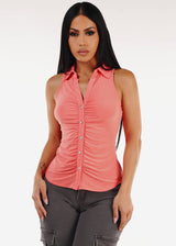Stretchy Ruched Sleeveless Collared Blouse Salmon