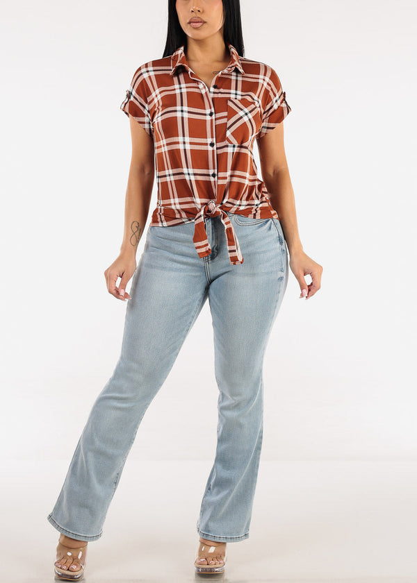 Tie Front Short Sleeve Button Up Plaid Blouse Brown