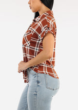 Tie Front Short Sleeve Button Up Plaid Blouse Brown