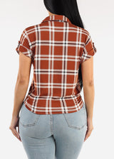 Tie Front Short Sleeve Button Up Plaid Blouse Brown