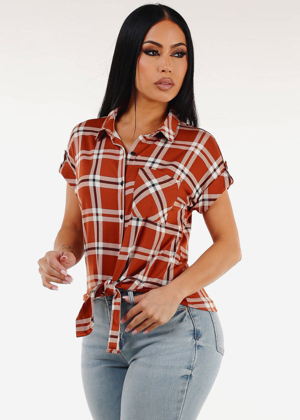 Tie Front Short Sleeve Button Up Plaid Blouse Brown