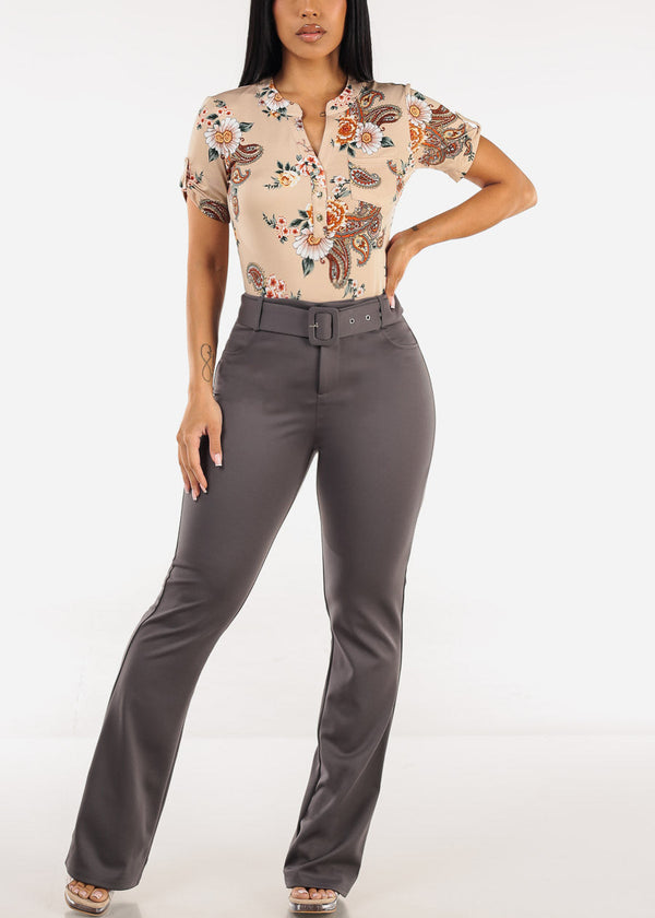 Stretchy Floral Short Sleeve Half Button Up Blouse Taupe