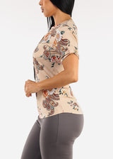 Stretchy Floral Short Sleeve Half Button Up Blouse Taupe