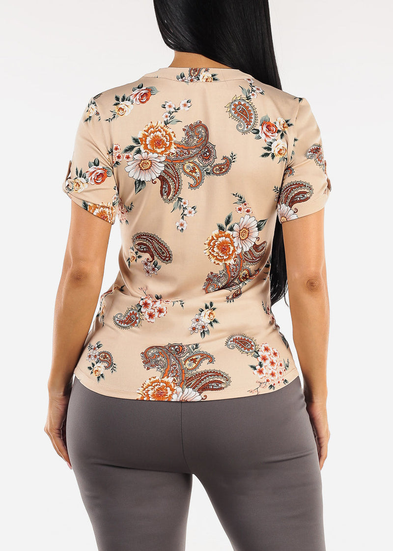 Stretchy Floral Short Sleeve Half Button Up Blouse Taupe