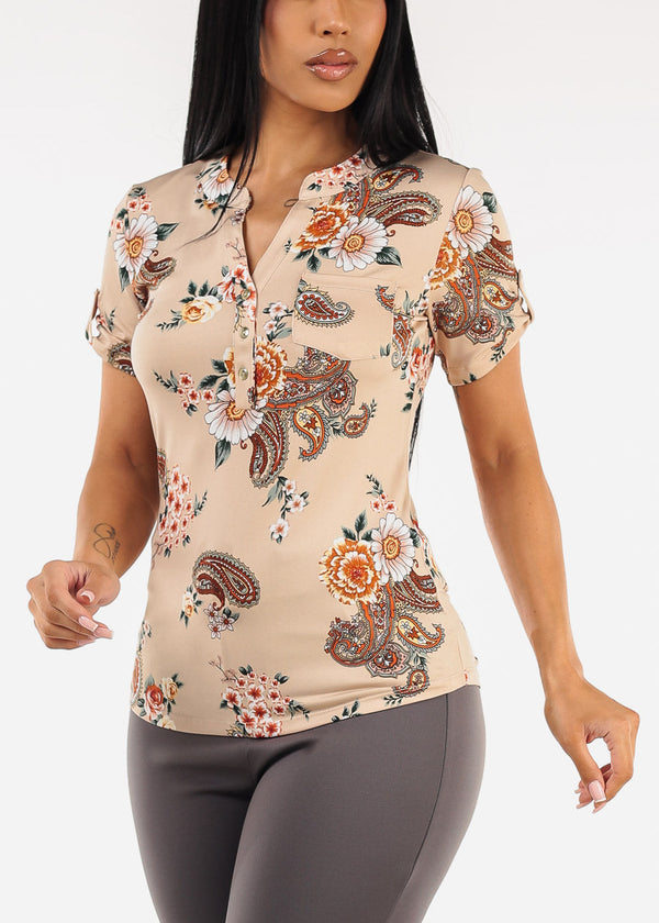 Stretchy Floral Short Sleeve Half Button Up Blouse Taupe