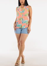 Sleeveless Chiffon Floral Blouse Coral