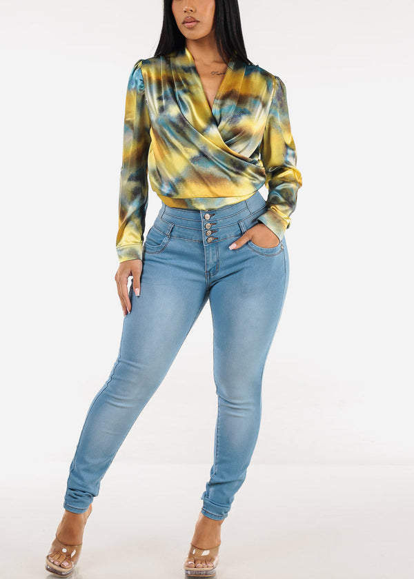 Long Sleeve Stretch Satin Printed Surplice Blouse Yellow