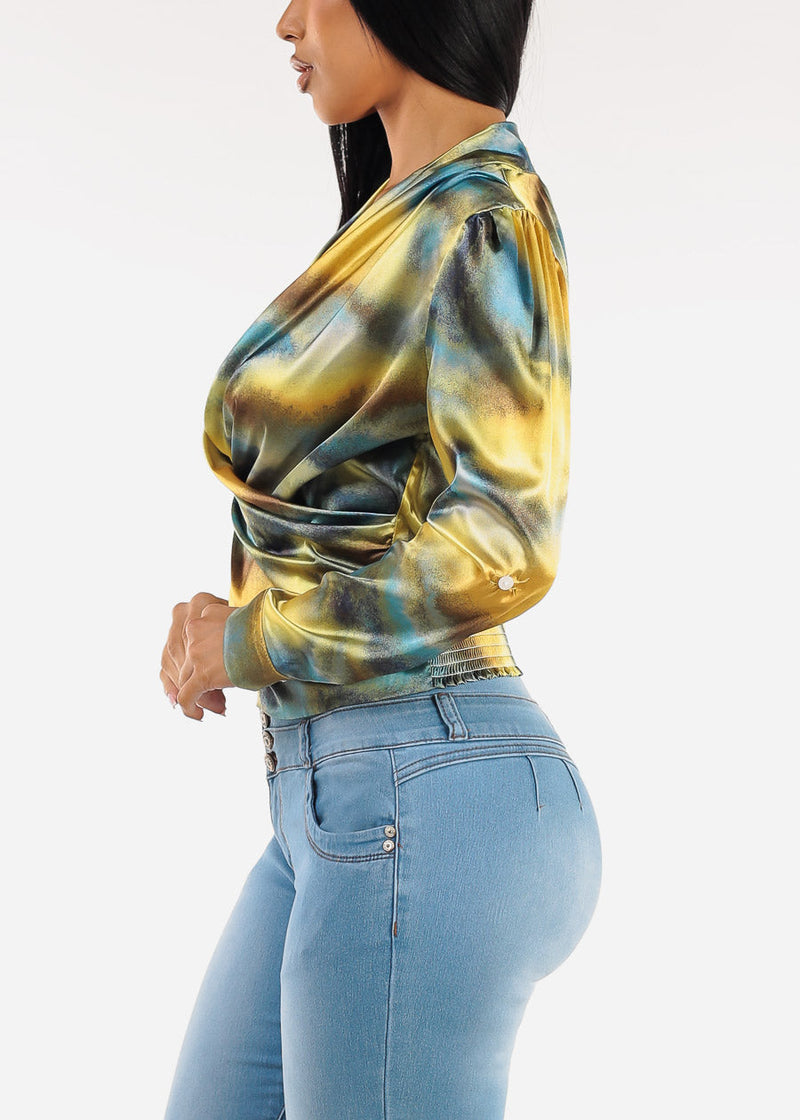 Long Sleeve Stretch Satin Printed Surplice Blouse Yellow