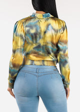 Long Sleeve Stretch Satin Printed Surplice Blouse Yellow