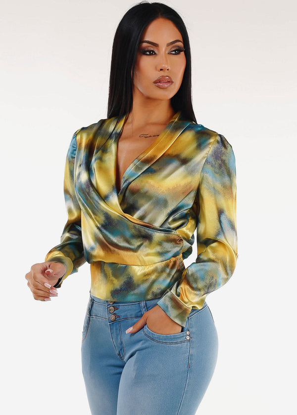 Long Sleeve Stretch Satin Printed Surplice Blouse Yellow
