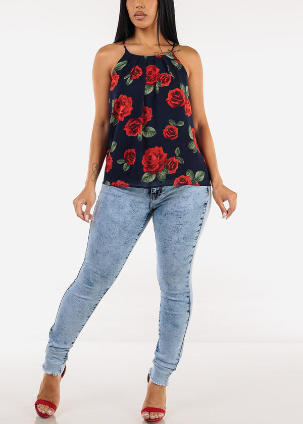 Sleeveless Floral Pleated Blouse Navy