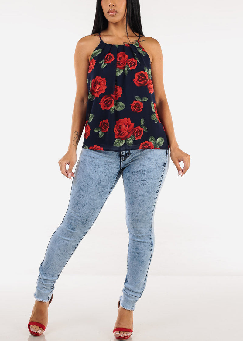 Sleeveless Floral Pleated Blouse Navy