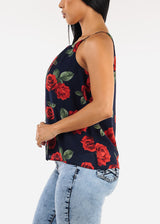 Sleeveless Floral Pleated Blouse Navy