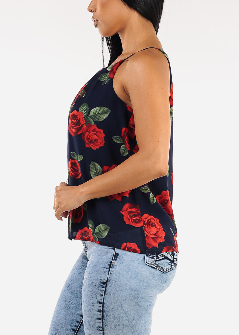 Sleeveless Floral Pleated Blouse Navy
