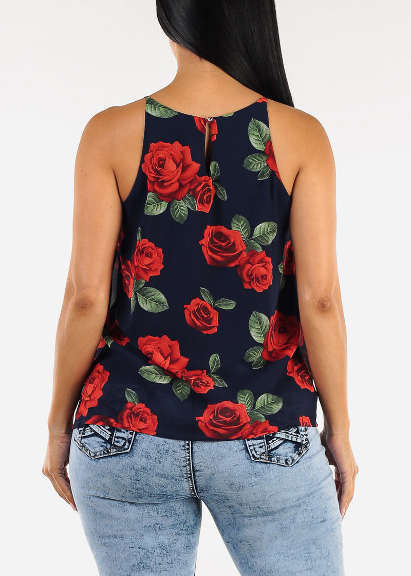 Sleeveless Floral Pleated Blouse Navy