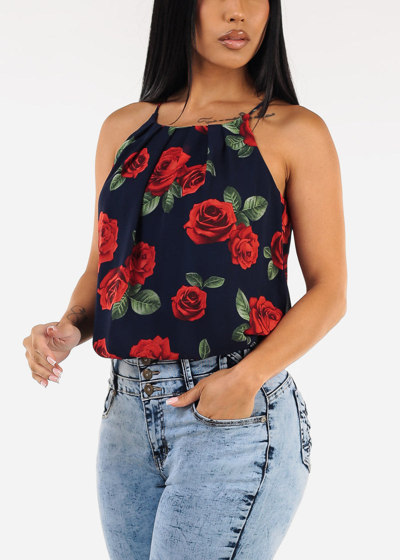 Sleeveless Floral Pleated Blouse Navy