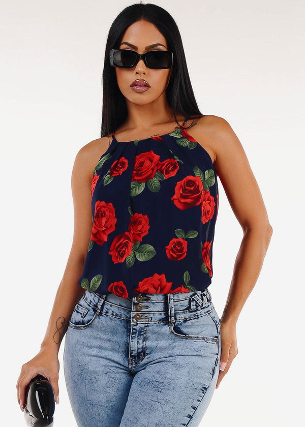 Sleeveless Floral Pleated Blouse Navy