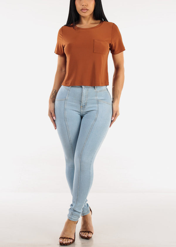 Stretchy Short Sleeve Crewneck Top Brown