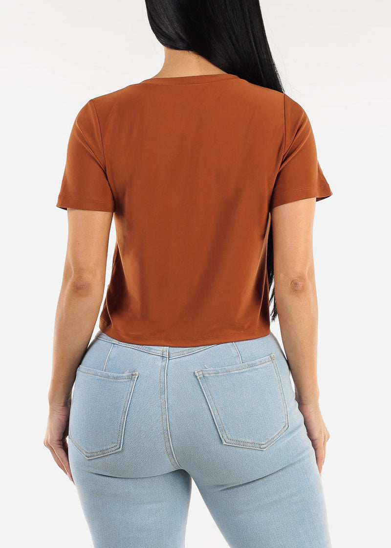 Stretchy Short Sleeve Crewneck Top Brown