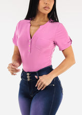 Short Sleeve Half Button Up Blouse Candy