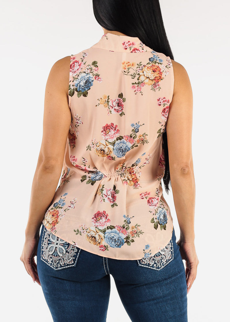 Sleeveless Vneck Floral Chiffon Blouse Blush
