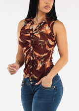 Sleeveless Button Up Floral Ruched Blouse Brown