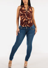 Sleeveless Button Up Floral Ruched Blouse Brown