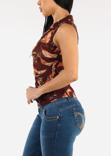 Sleeveless Button Up Floral Ruched Blouse Brown