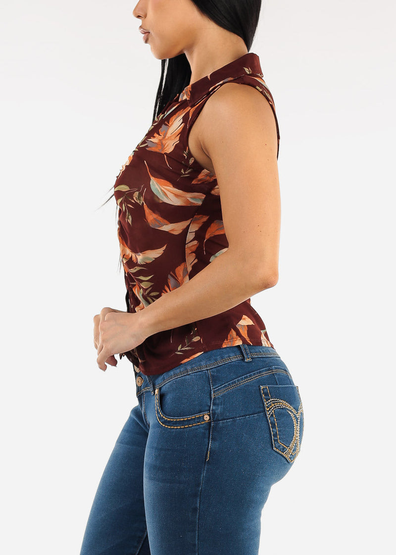 Sleeveless Button Up Floral Ruched Blouse Brown