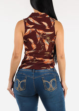 Sleeveless Button Up Floral Ruched Blouse Brown