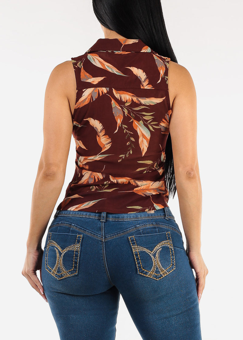Sleeveless Button Up Floral Ruched Blouse Brown