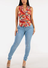 Sleeveless Button Up Printed Ruched Blouse Red