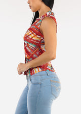 Sleeveless Button Up Printed Ruched Blouse Red