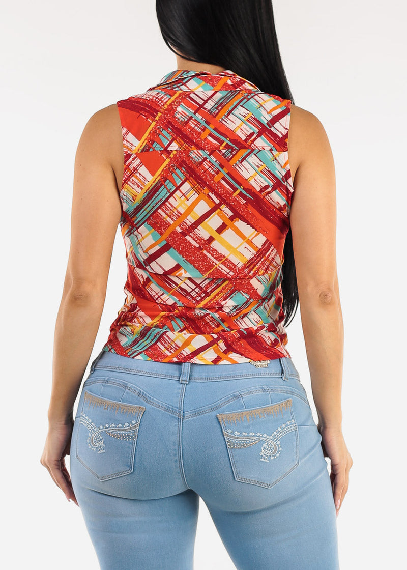 Sleeveless Button Up Printed Ruched Blouse Red