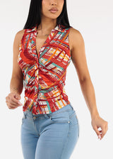 Sleeveless Button Up Printed Ruched Blouse Red