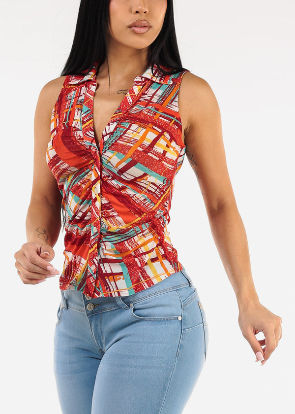 Sleeveless Button Up Printed Ruched Blouse Red