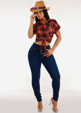 Tie Front Short Sleeve Button Up Plaid Blouse Black & Rust