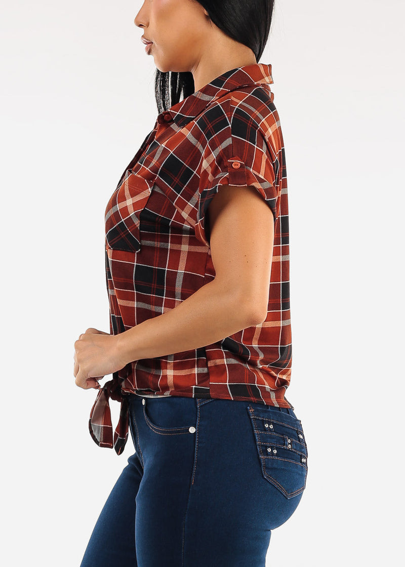 Tie Front Short Sleeve Button Up Plaid Blouse Black & Rust