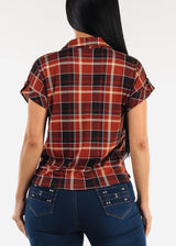 Tie Front Short Sleeve Button Up Plaid Blouse Black & Rust