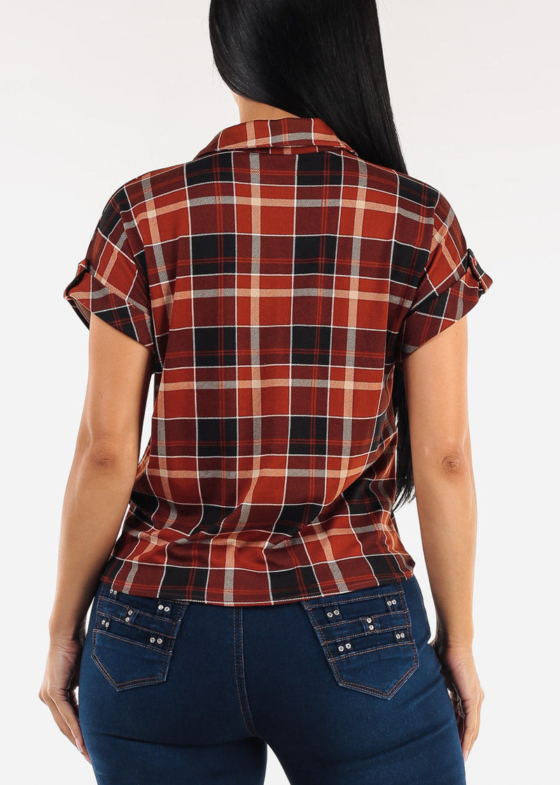 Tie Front Short Sleeve Button Up Plaid Blouse Black & Rust