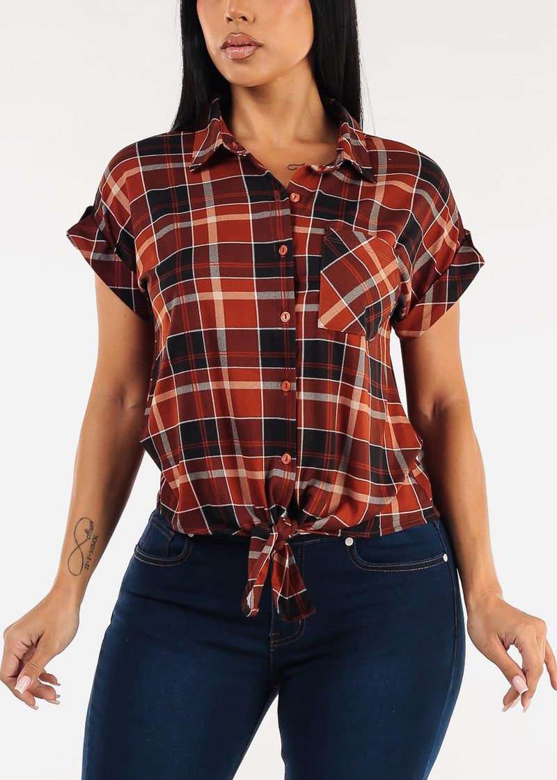 Tie Front Short Sleeve Button Up Plaid Blouse Black & Rust