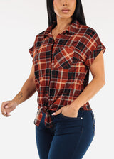 Tie Front Short Sleeve Button Up Plaid Blouse Black & Rust