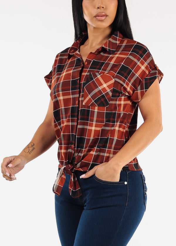 Tie Front Short Sleeve Button Up Plaid Blouse Black & Rust