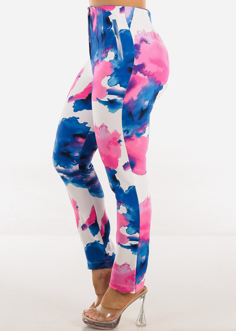 Super High Waist Straight Leg Printed Dressy Pants Blue & Pink