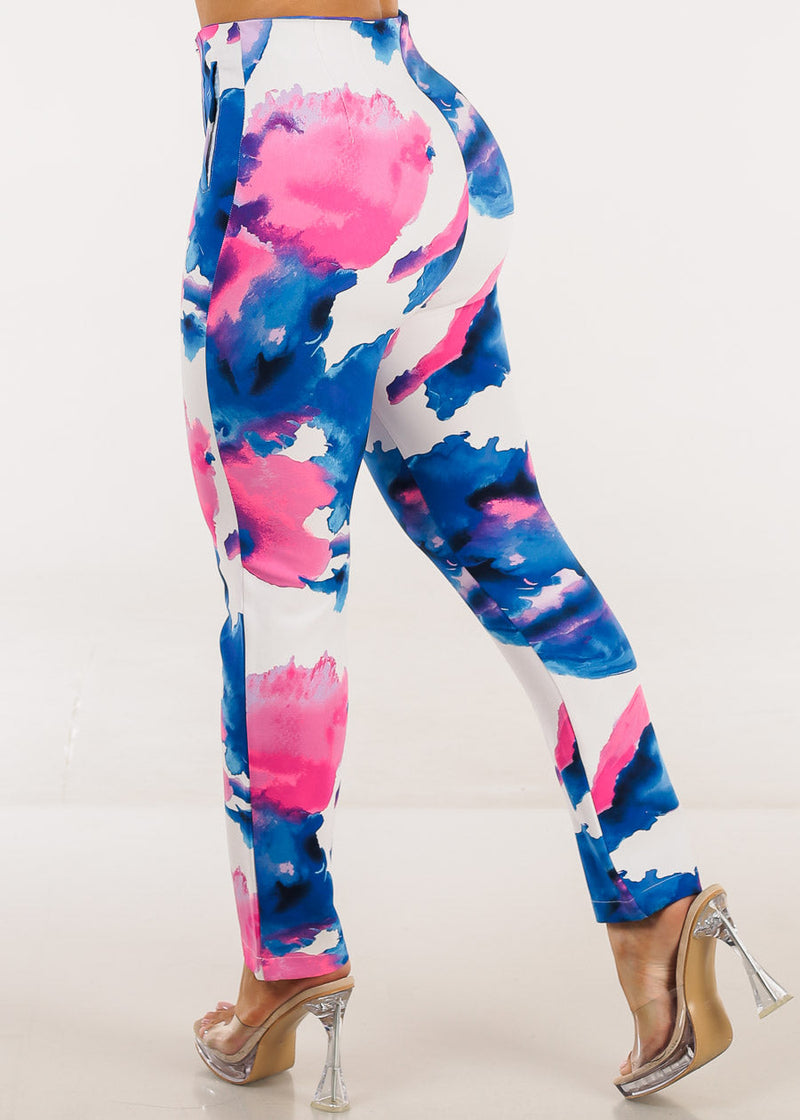 Super High Waist Straight Leg Printed Dressy Pants Blue & Pink
